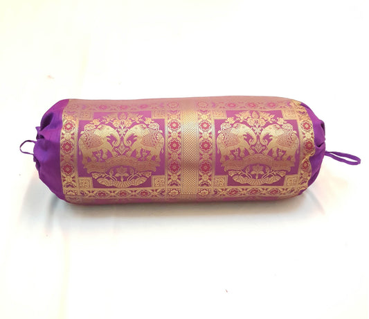 30x15 Inch Bolster Cover Indian Woven Zari Brocade Banarasi Silk Elephant Purple