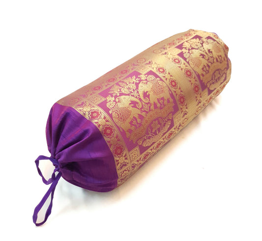 30x15 Inch Bolster Cover Indian Woven Zari Brocade Banarasi Silk Elephant Purple