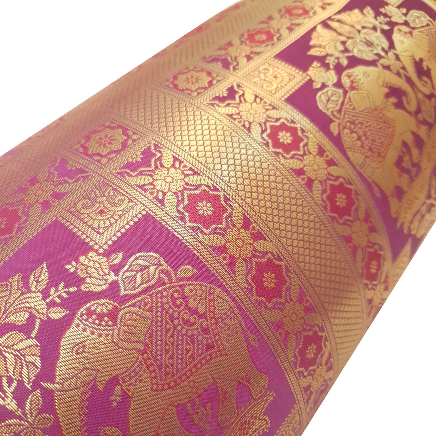 30x15 Inch Bolster Cover Indian Woven Zari Brocade Banarasi Silk Elephant Purple