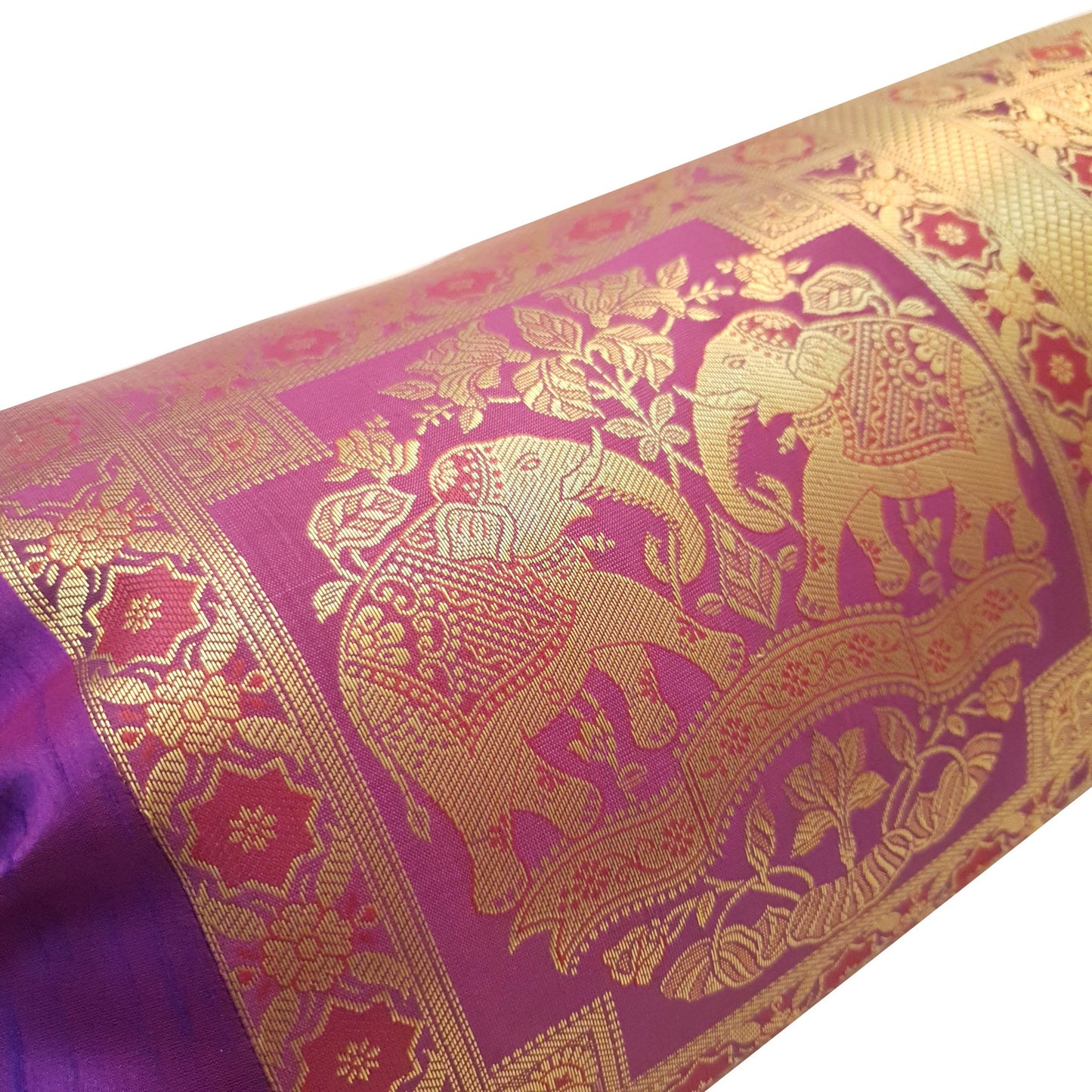 30x15 Inch Bolster Cover Indian Woven Zari Brocade Banarasi Silk Elephant Purple
