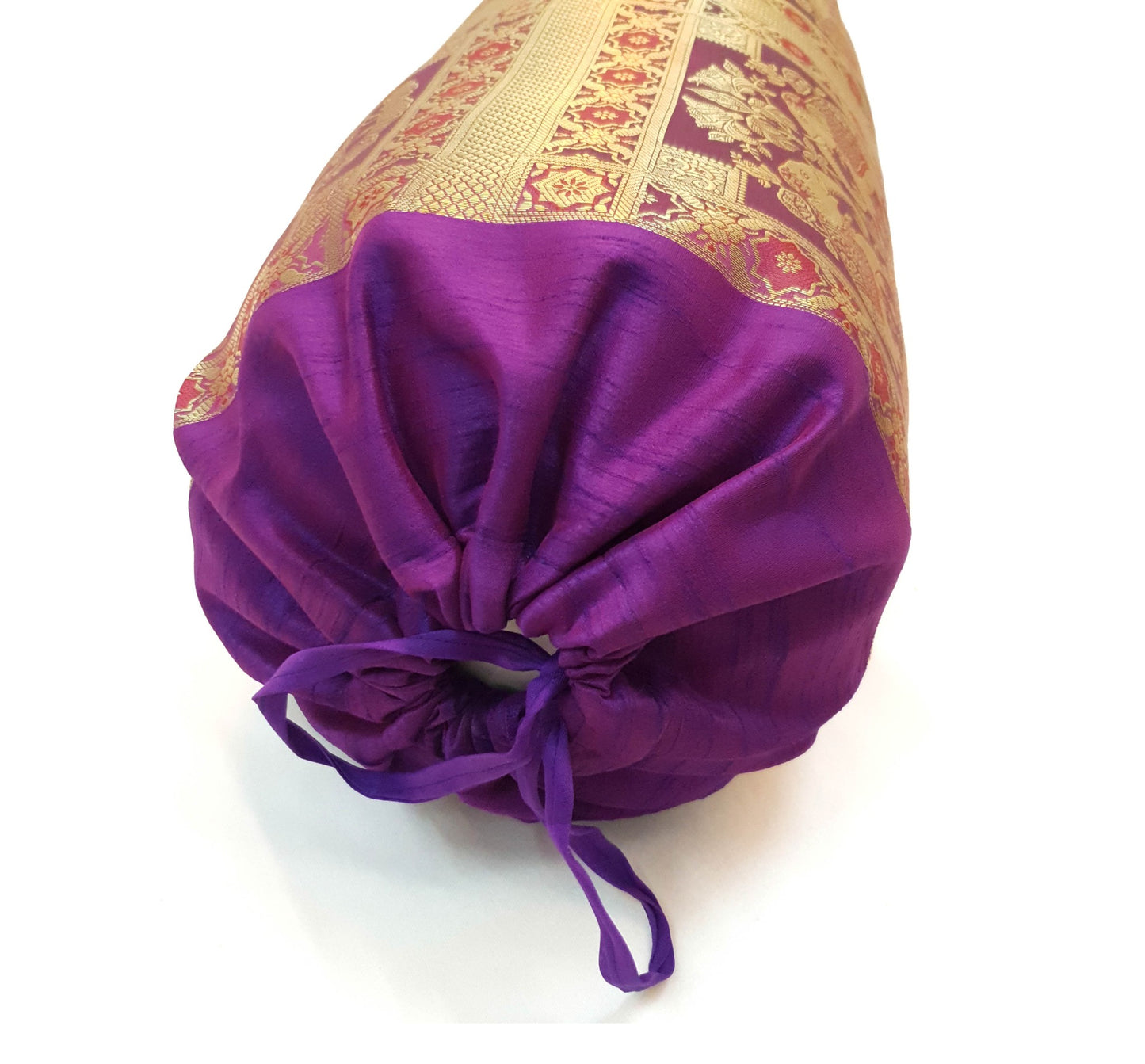 30x15 Inch Bolster Cover Indian Woven Zari Brocade Banarasi Silk Elephant Purple