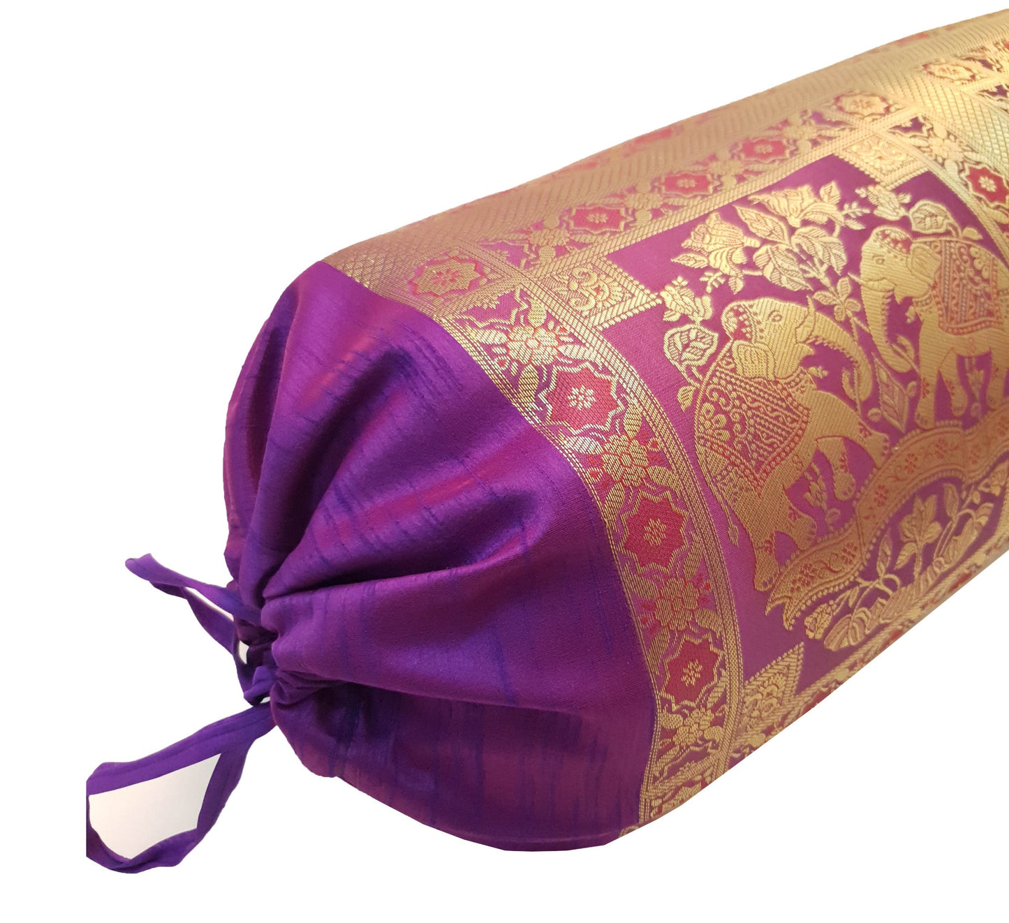 30x15 Inch Bolster Cover Indian Woven Zari Brocade Banarasi Silk Elephant Purple