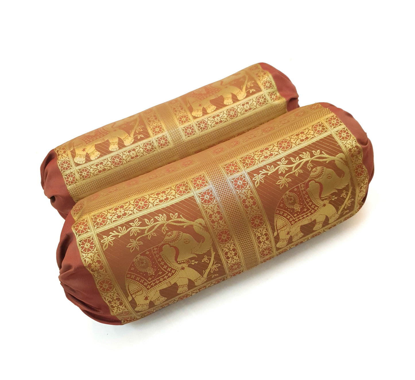 30x15 Inch Bolster Cover Brown Indian Woven Zari Brocade Banarasi Silk Elephant