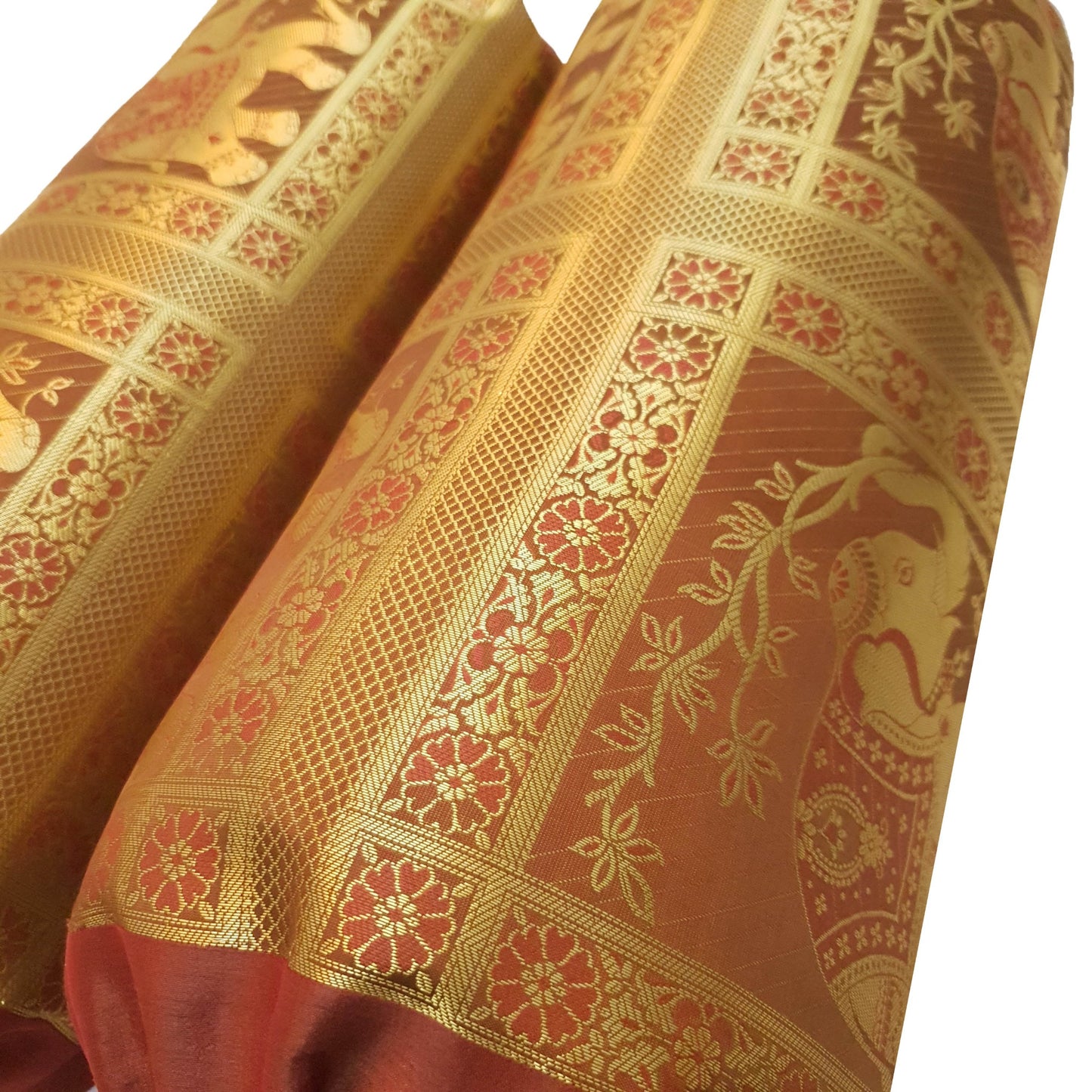 30x15 Inch Bolster Cover Brown Indian Woven Zari Brocade Banarasi Silk Elephant