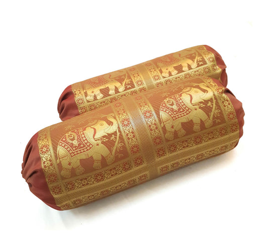 30x15 Inch Bolster Cover Brown Indian Woven Zari Brocade Banarasi Silk Elephant