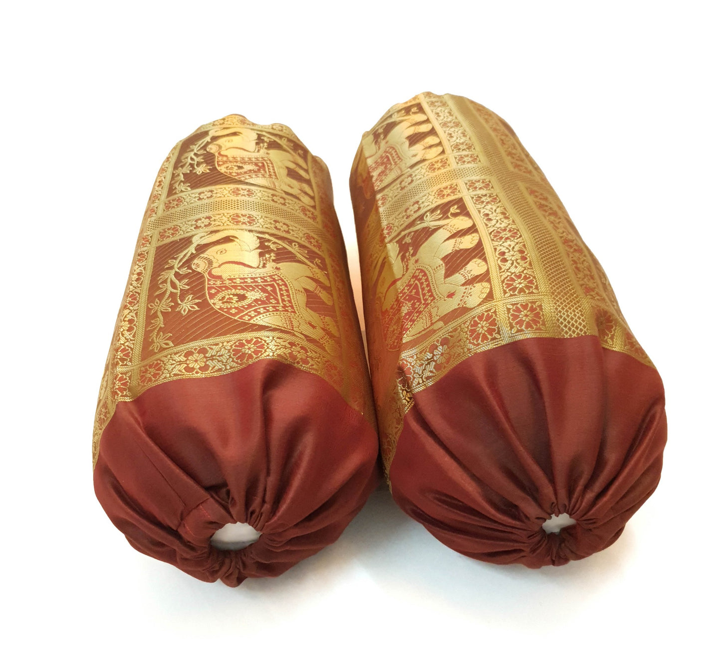 30x15 Inch Bolster Cover Brown Indian Woven Zari Brocade Banarasi Silk Elephant