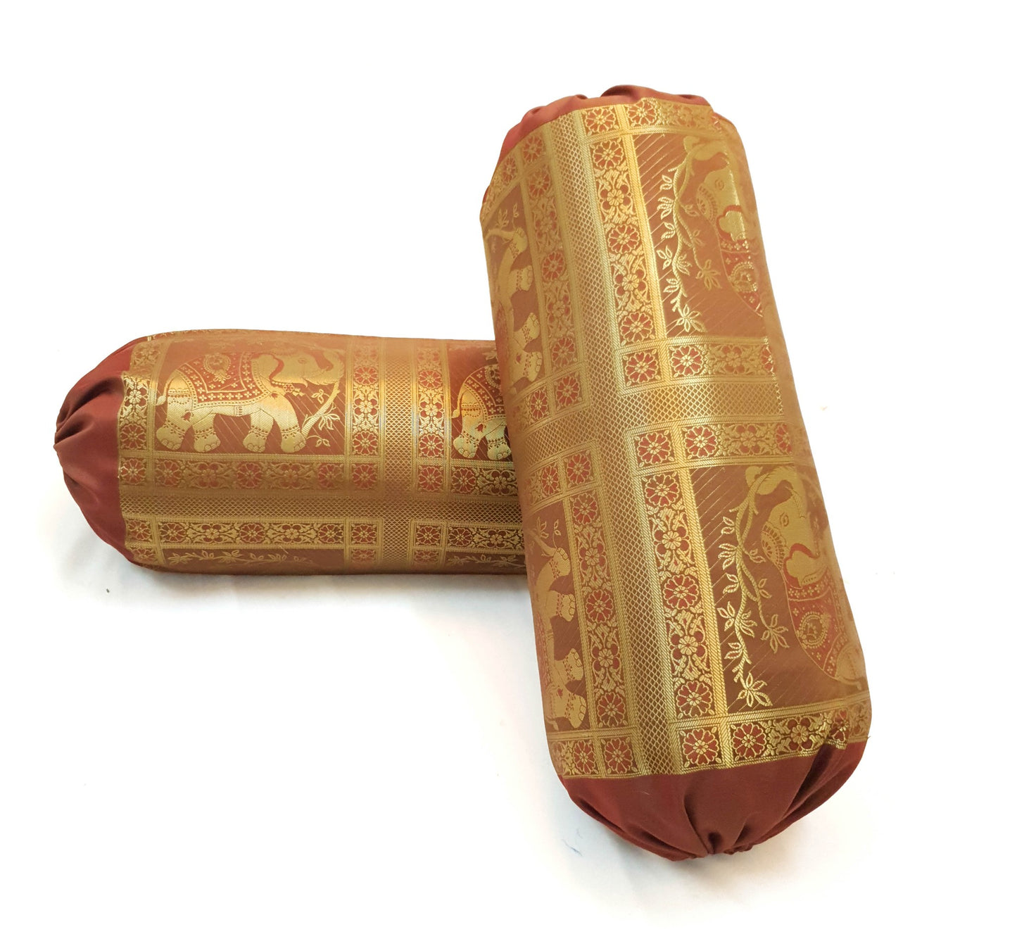30x15 Inch Bolster Cover Brown Indian Woven Zari Brocade Banarasi Silk Elephant