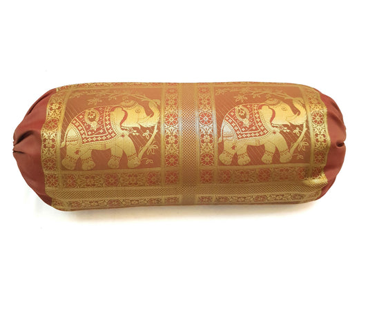 30x15 Inch Bolster Cover Brown Indian Woven Zari Brocade Banarasi Silk Elephant