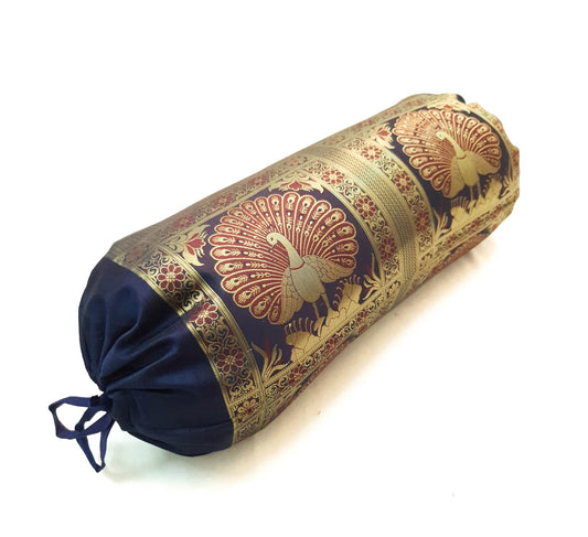 30x15 Inch Bolster Cover Blue Indian Peacock Woven Zari Brocade Banarasi Silk