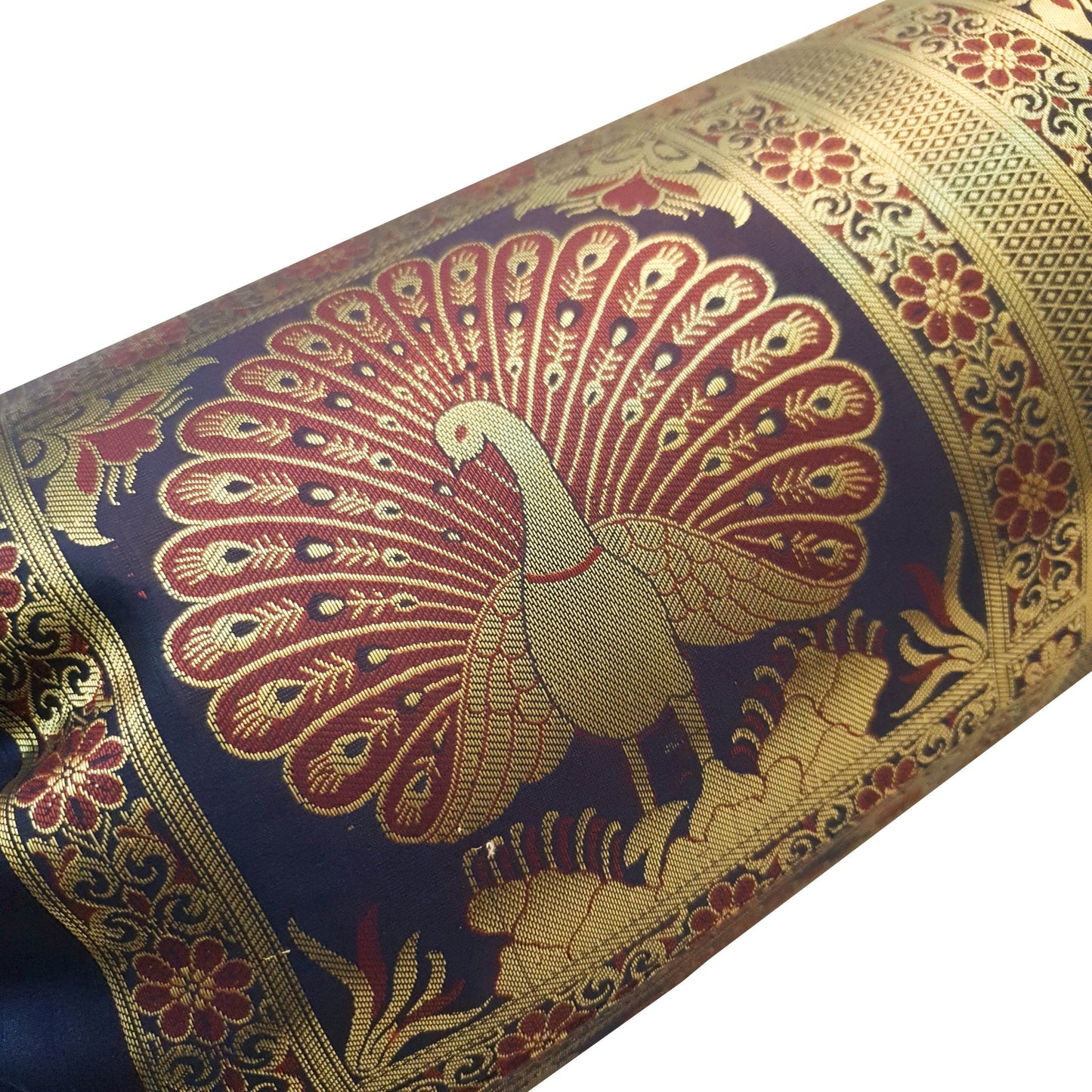 30x15 Inch Bolster Cover Blue Indian Peacock Woven Zari Brocade Banarasi Silk