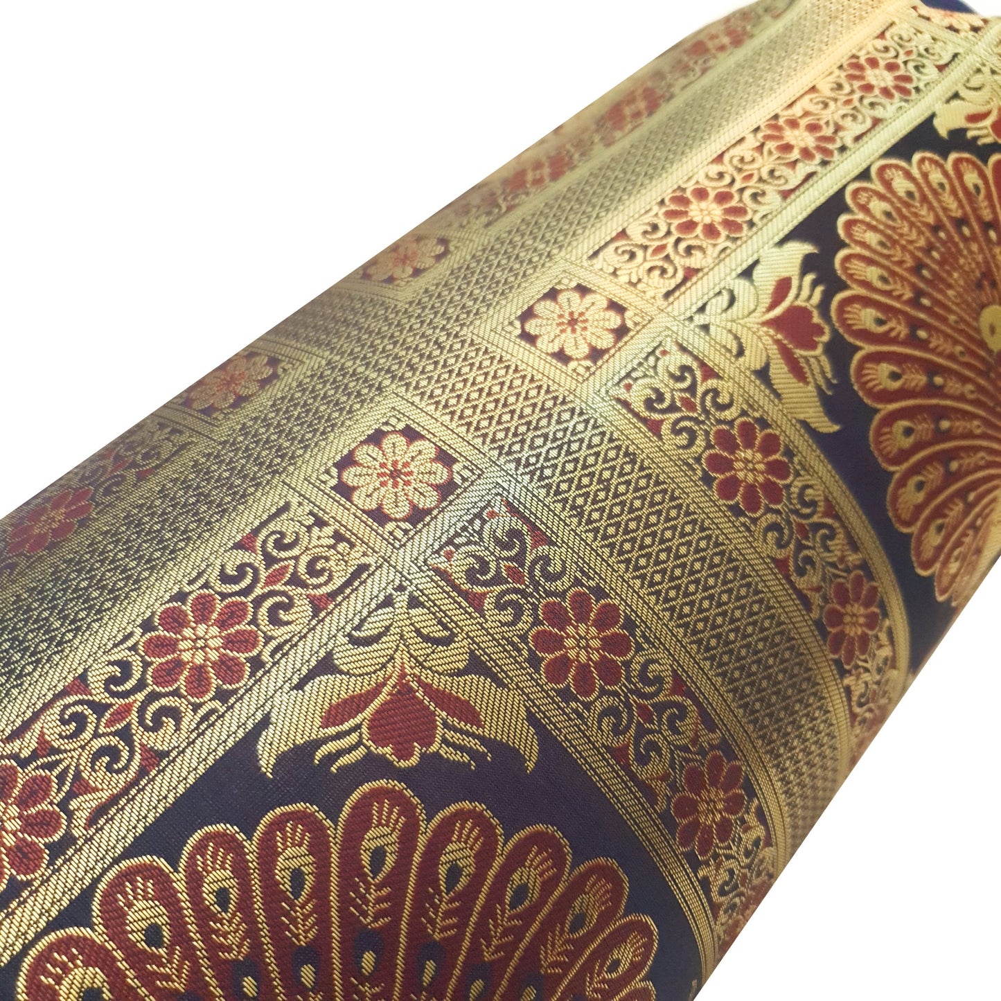 30x15 Inch Bolster Cover Blue Indian Peacock Woven Zari Brocade Banarasi Silk