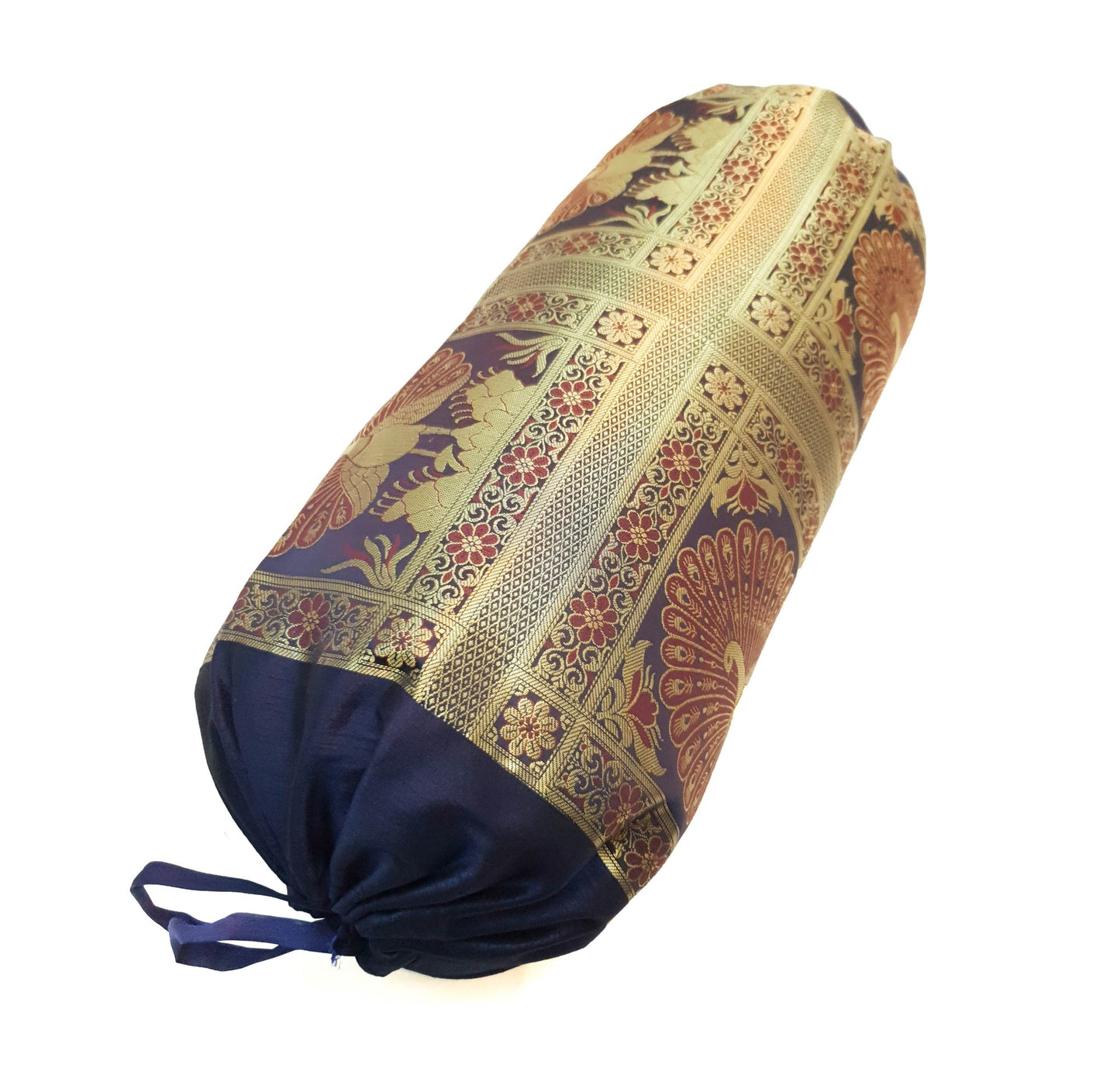 30x15 Inch Bolster Cover Blue Indian Peacock Woven Zari Brocade Banarasi Silk