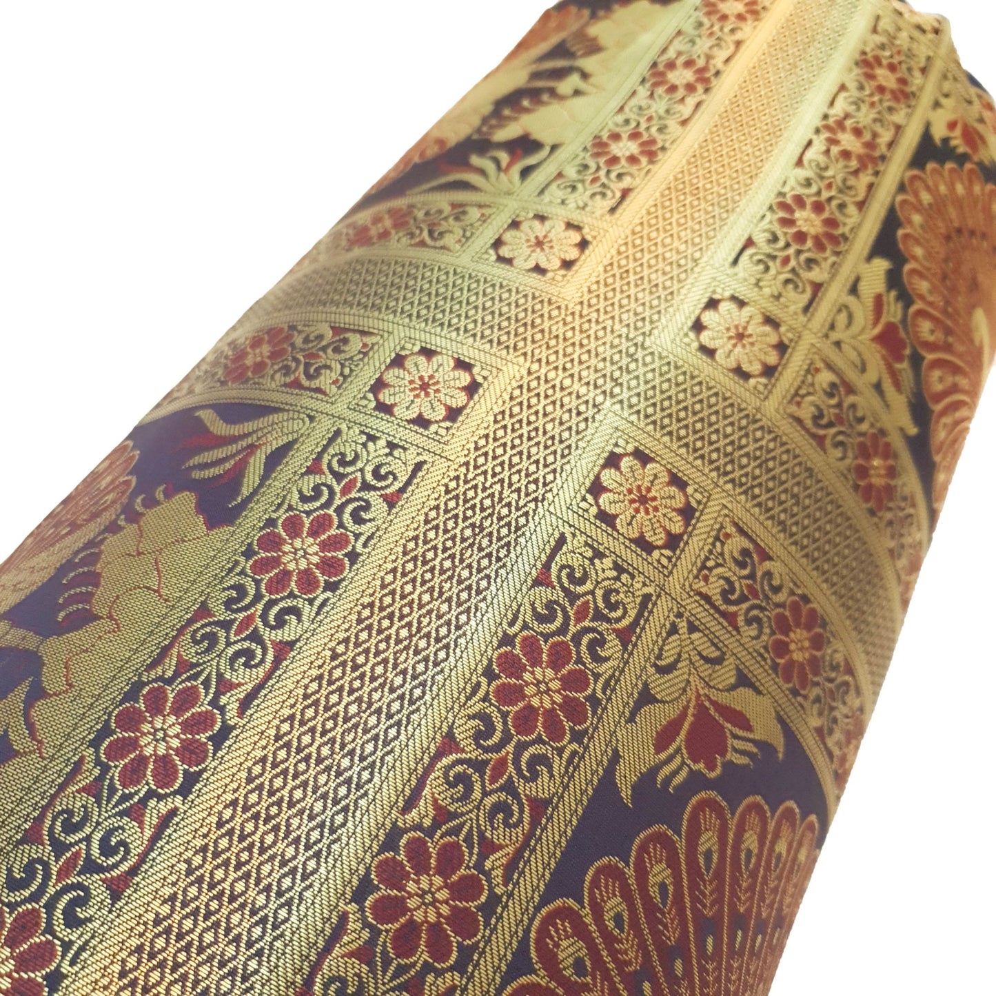 30x15 Inch Bolster Cover Blue Indian Peacock Woven Zari Brocade Banarasi Silk