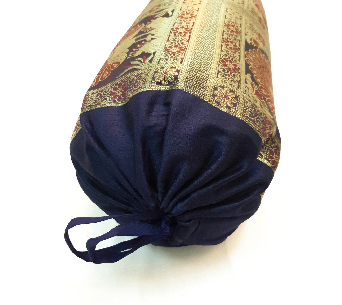 30x15 Inch Bolster Cover Blue Indian Peacock Woven Zari Brocade Banarasi Silk