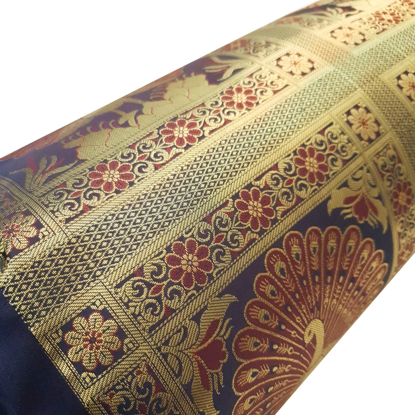 30x15 Inch Bolster Cover Blue Indian Peacock Woven Zari Brocade Banarasi Silk