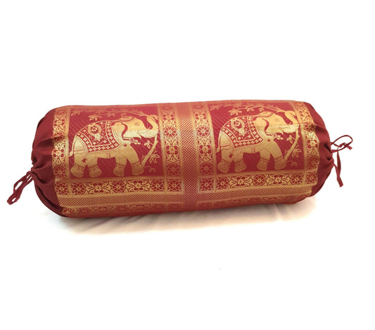 30x15 Inch Bolster Cover Maroon Indian Elephant Woven Zari Brocade Banarasi Silk