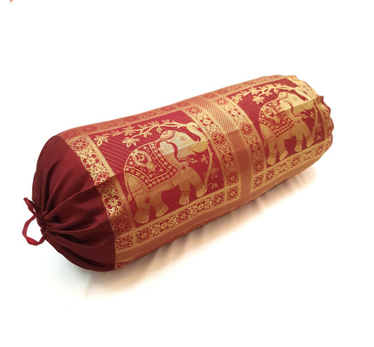 30x15 Inch Bolster Cover Maroon Indian Elephant Woven Zari Brocade Banarasi Silk