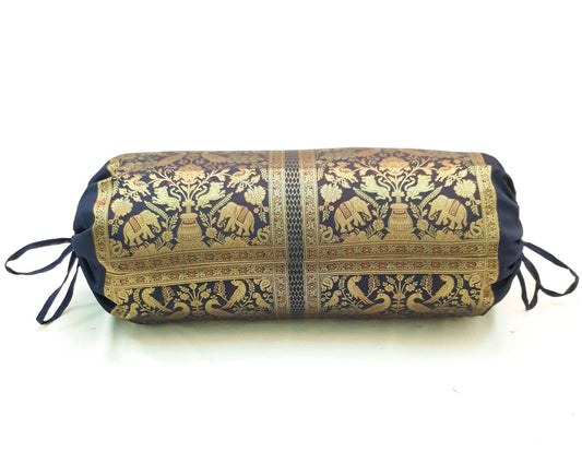 30x15 Inch Bolster Cover Blue Indian Decor Woven Zari Brocade Banarasi Silk