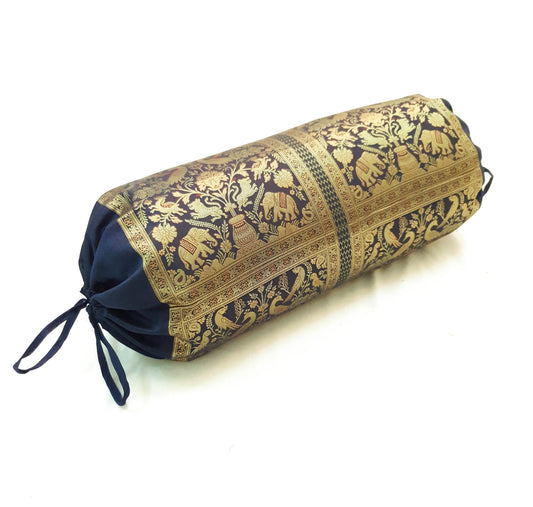 30x15 Inch Bolster Cover Blue Indian Decor Woven Zari Brocade Banarasi Silk