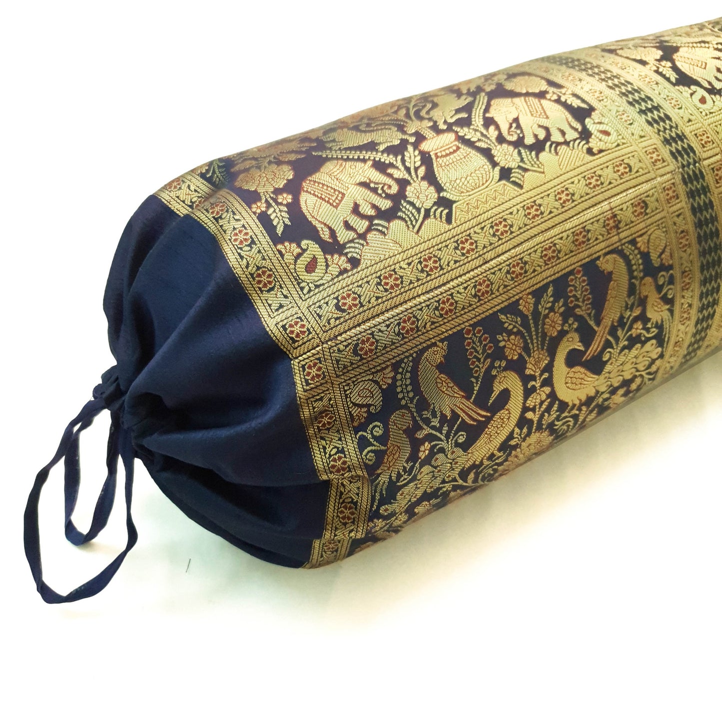 30x15 Inch Bolster Cover Blue Indian Decor Woven Zari Brocade Banarasi Silk
