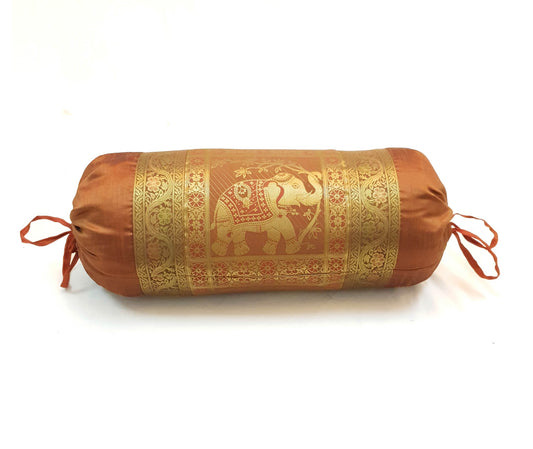 30x15 Inch Bolster Cover Brown Indian Elephant Woven Zari Brocade Banarasi Silk