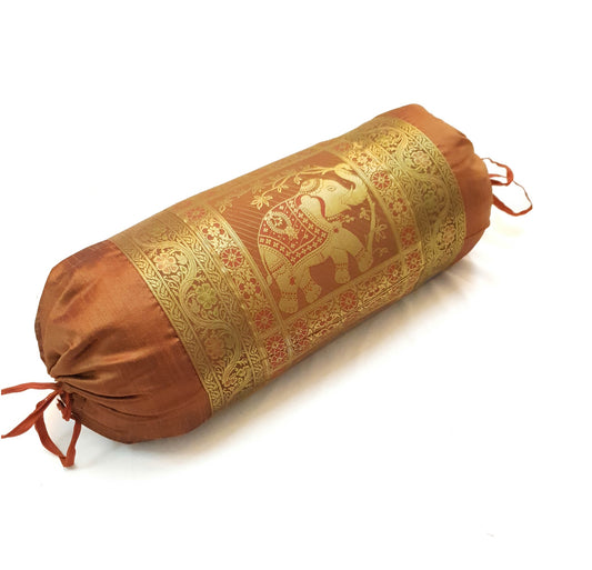 30x15 Inch Bolster Cover Brown Indian Elephant Woven Zari Brocade Banarasi Silk