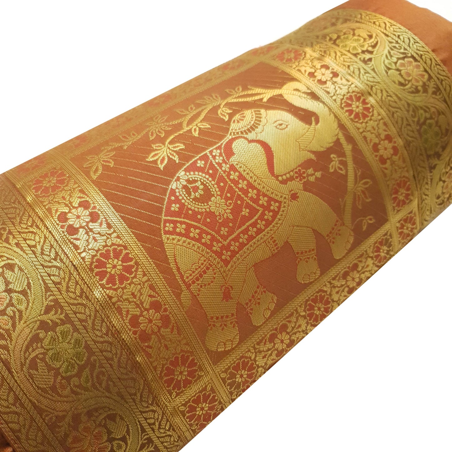 30x15 Inch Bolster Cover Brown Indian Elephant Woven Zari Brocade Banarasi Silk