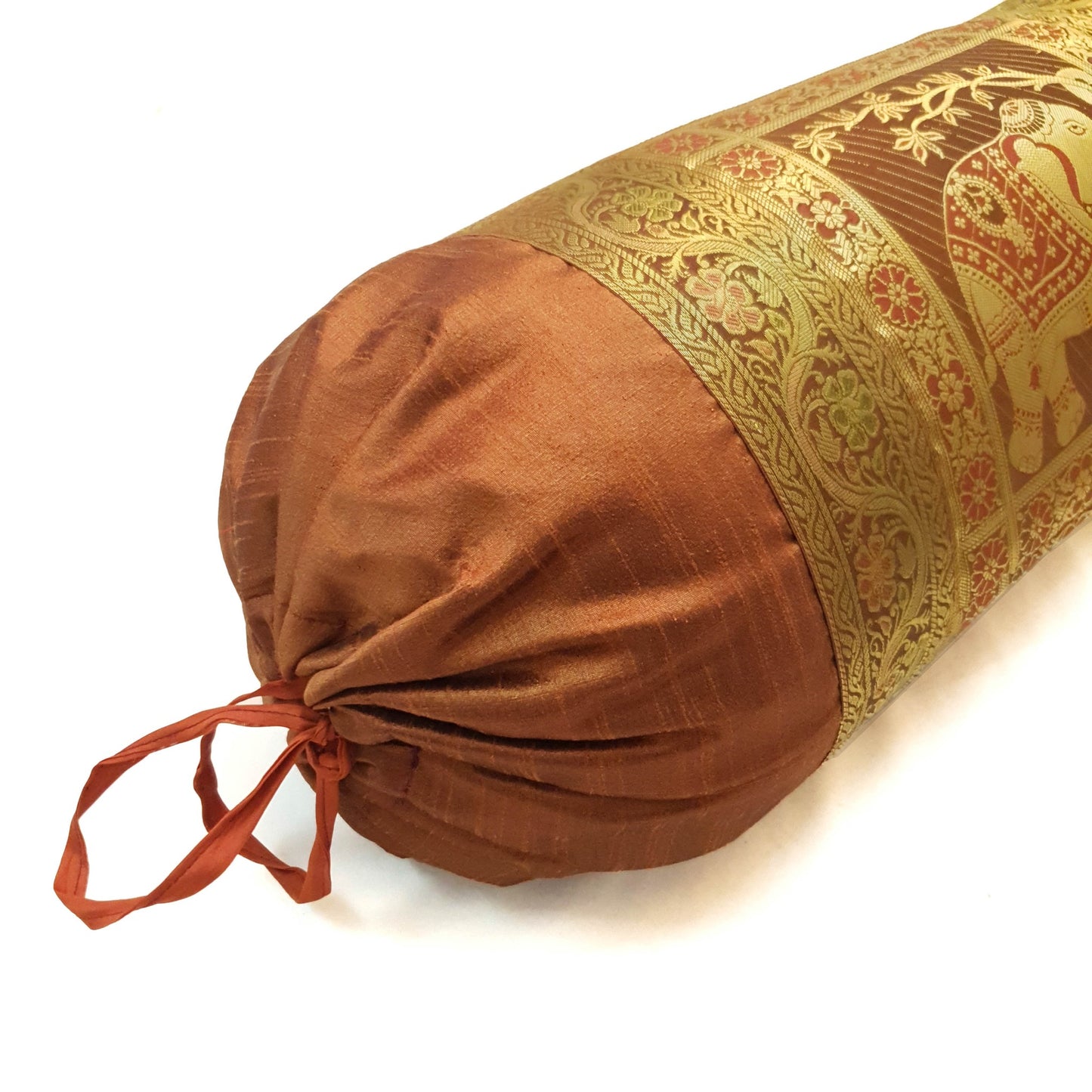 30x15 Inch Bolster Cover Brown Indian Elephant Woven Zari Brocade Banarasi Silk