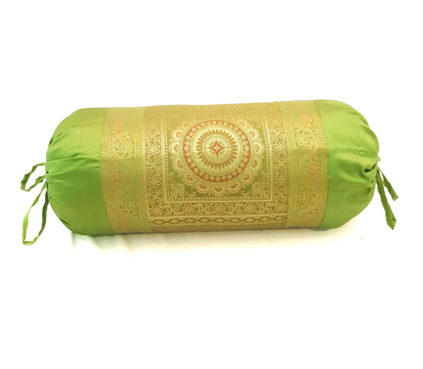 30x15 Inch Bolster Cover Indian Green Mandala Woven Zari Brocade Banarasi Silk