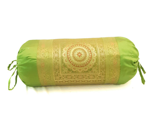 30x15 Inch Bolster Cover Indian Green Mandala Woven Zari Brocade Banarasi Silk