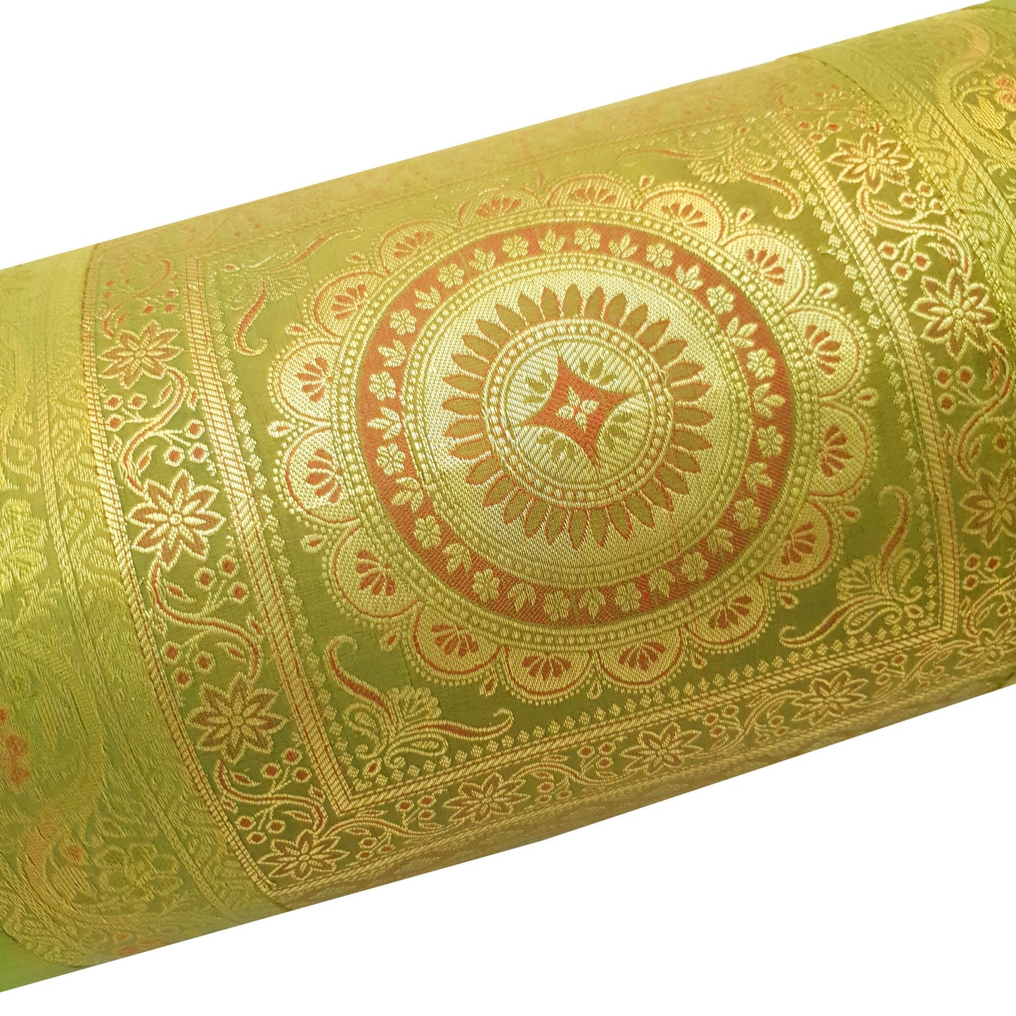 30x15 Inch Bolster Cover Indian Green Mandala Woven Zari Brocade Banarasi Silk