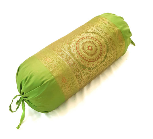 30x15 Inch Bolster Cover Indian Green Mandala Woven Zari Brocade Banarasi Silk