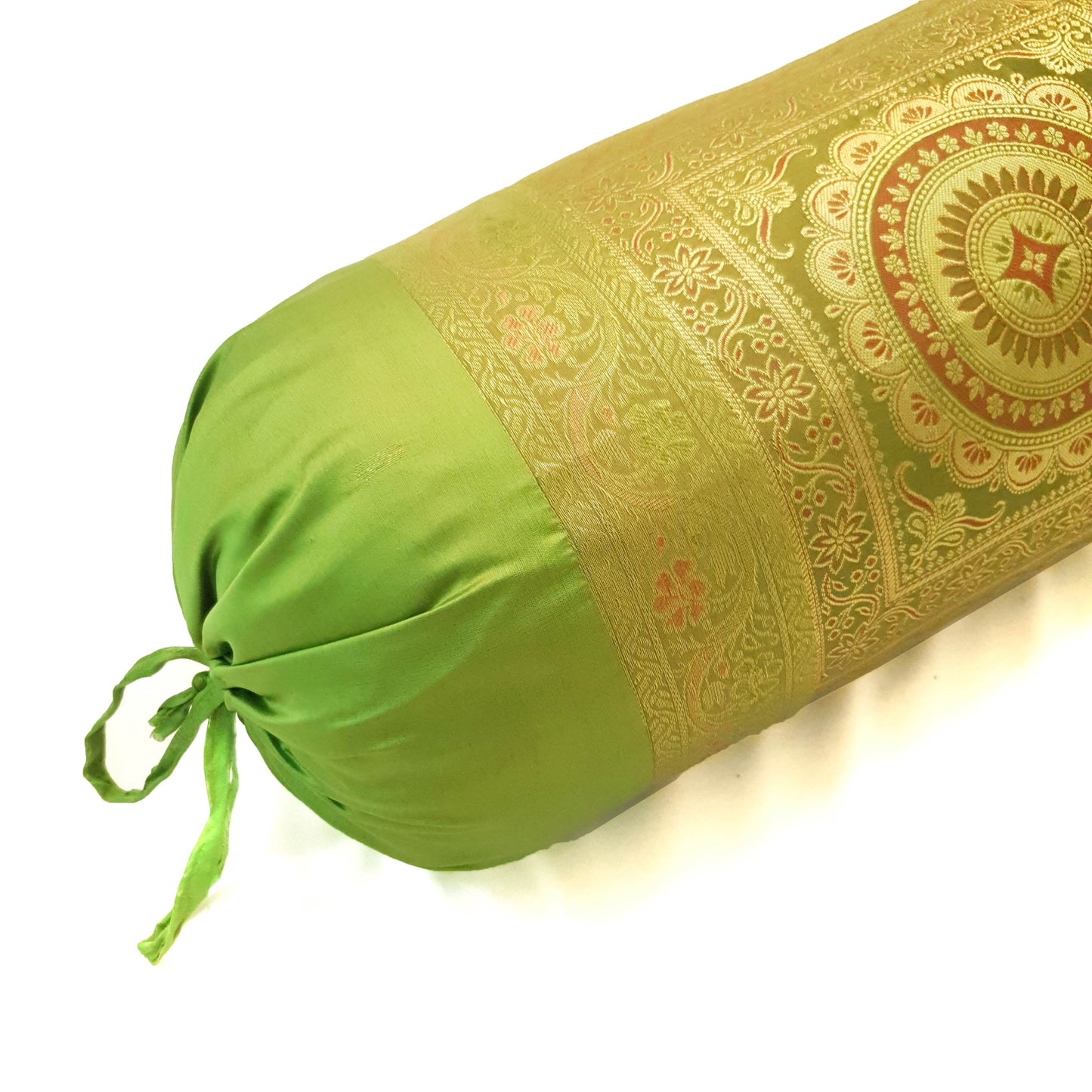 30x15 Inch Bolster Cover Indian Green Mandala Woven Zari Brocade Banarasi Silk