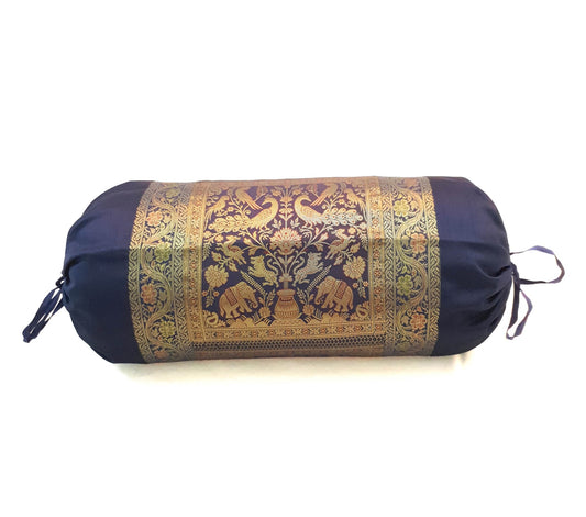 30x15 Inch Bolster Cover Blue Animal & Birds Woven Zari Brocade Banarasi Silk