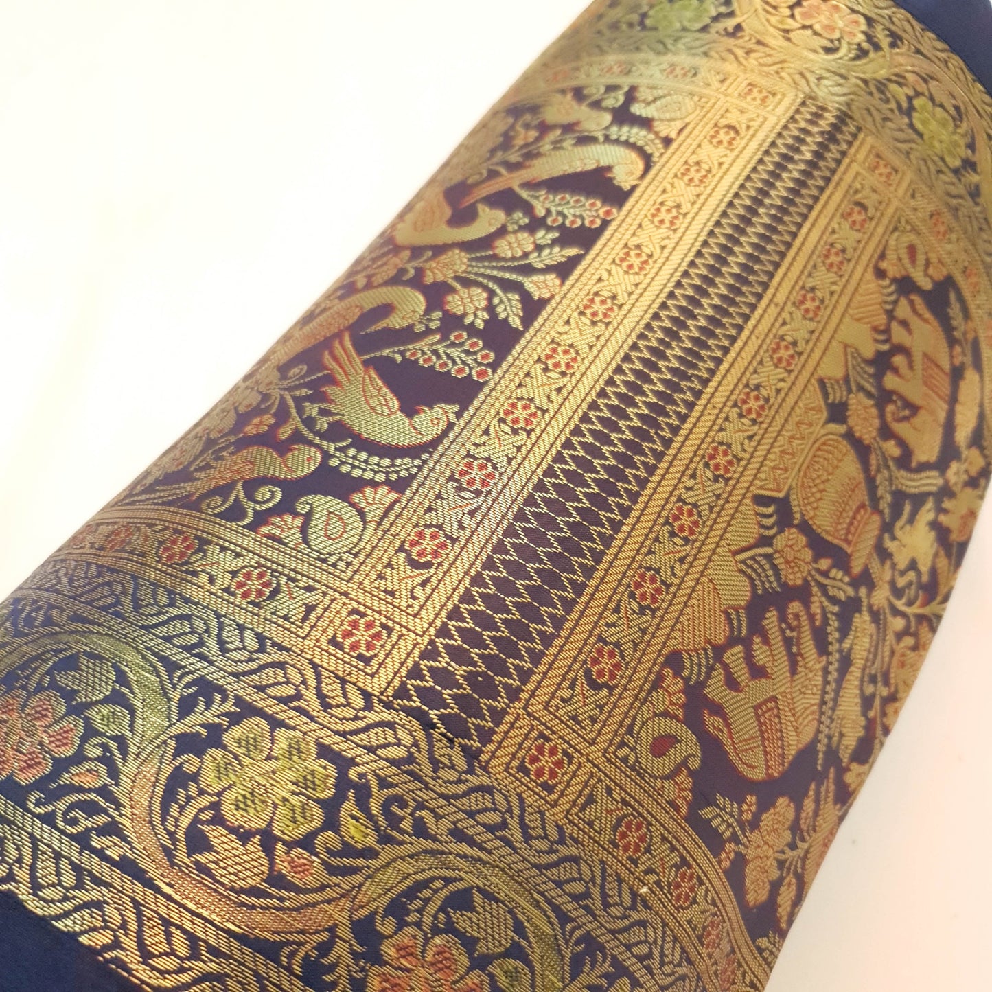 30x15 Inch Bolster Cover Blue Animal & Birds Woven Zari Brocade Banarasi Silk