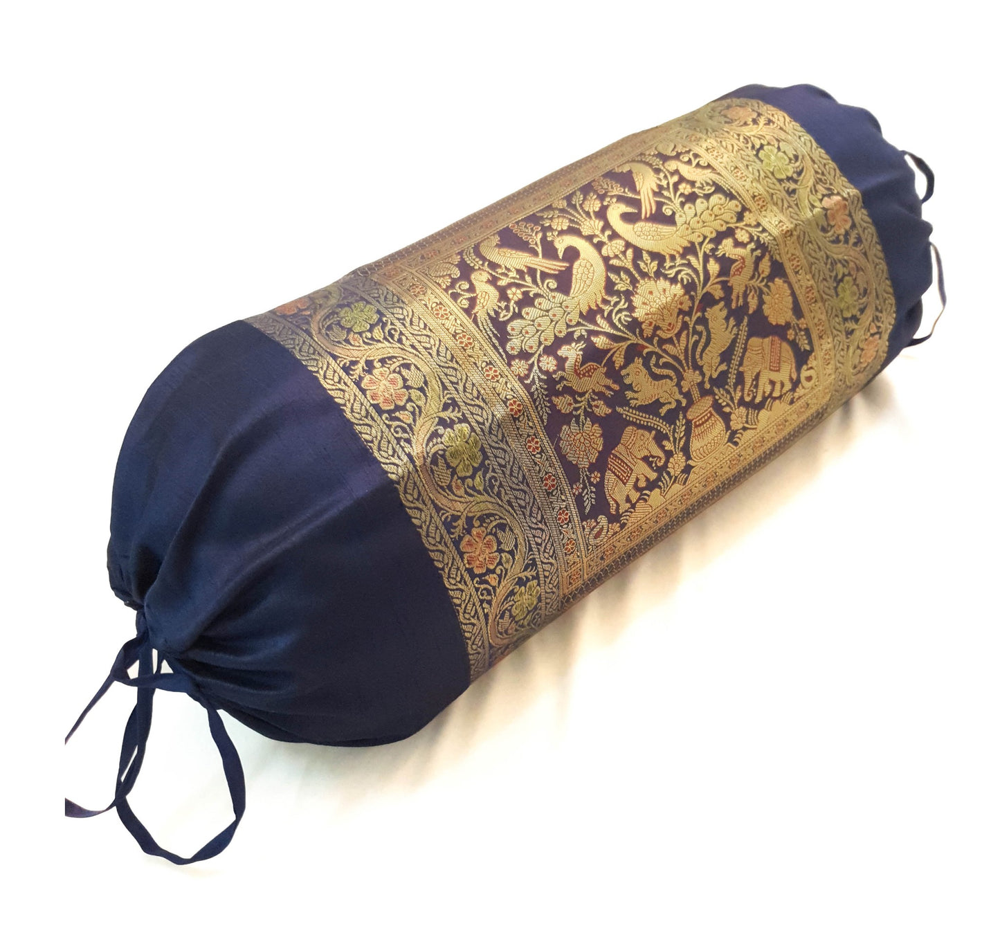 30x15 Inch Bolster Cover Blue Animal & Birds Woven Zari Brocade Banarasi Silk