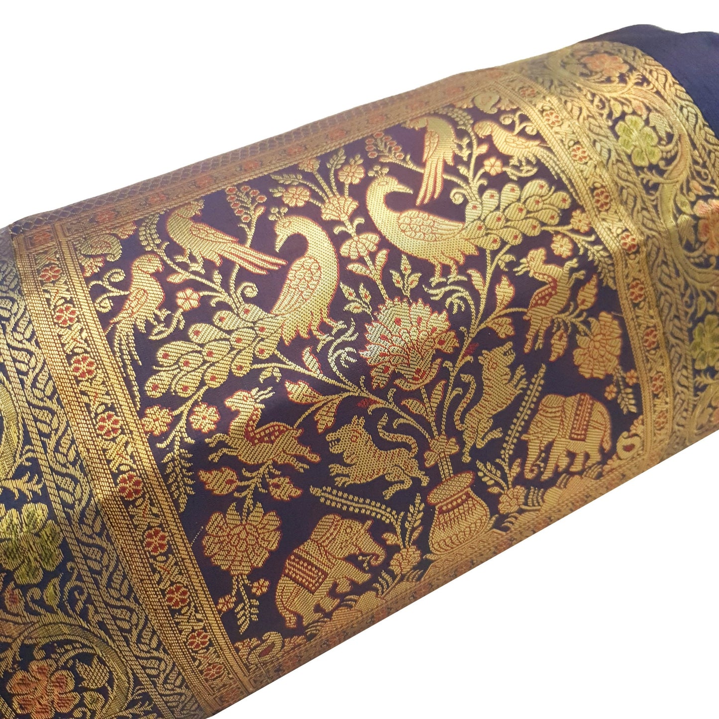 30x15 Inch Bolster Cover Blue Animal & Birds Woven Zari Brocade Banarasi Silk