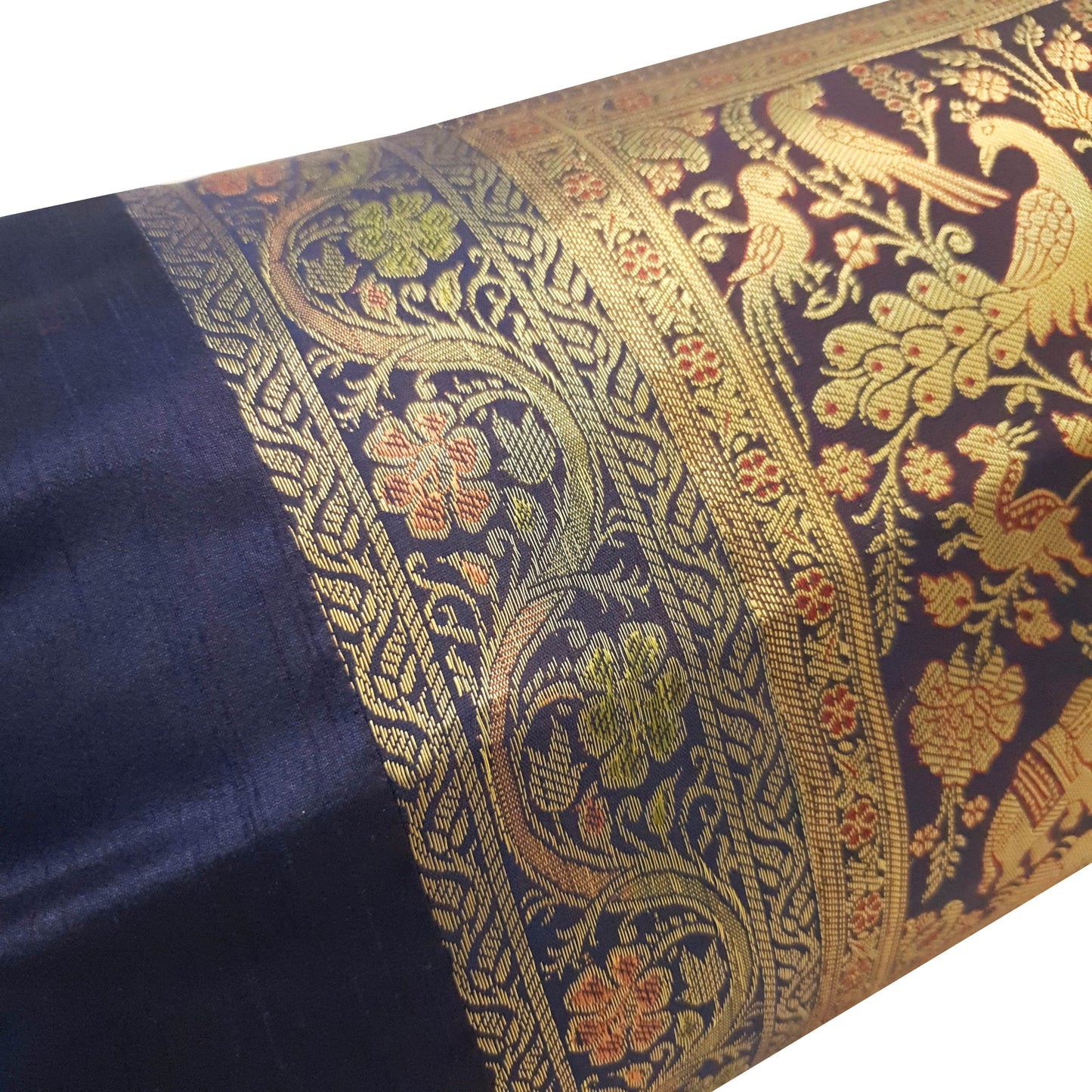 30x15 Inch Bolster Cover Blue Animal & Birds Woven Zari Brocade Banarasi Silk