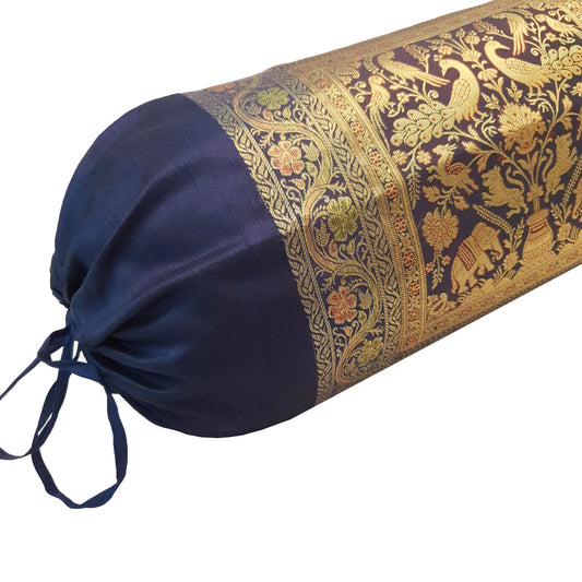 30x15 Inch Bolster Cover Blue Animal & Birds Woven Zari Brocade Banarasi Silk