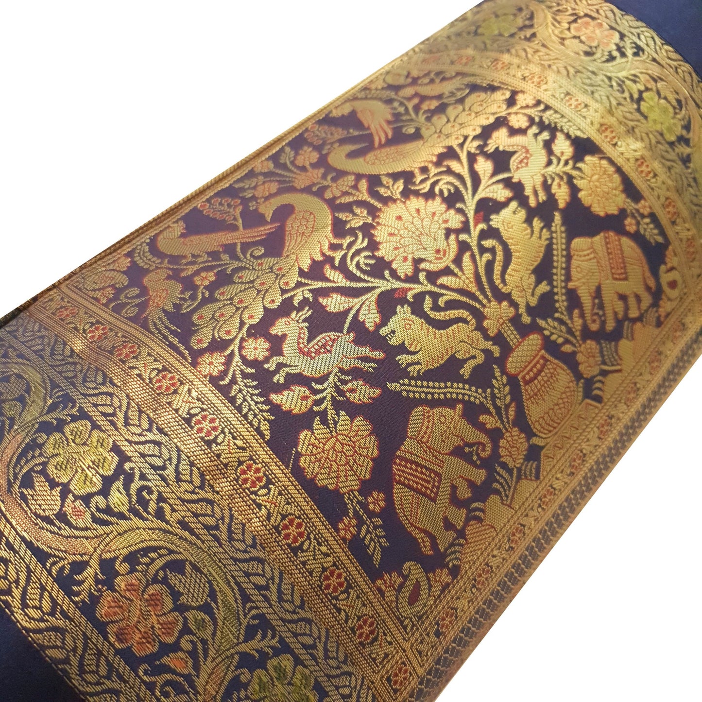 30x15 Inch Bolster Cover Blue Animal & Birds Woven Zari Brocade Banarasi Silk