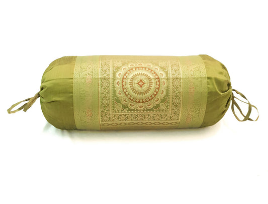 30x15 Inch Green Bolster Cover Mandala Woven Zari Brocade Banarasi Silk Decor