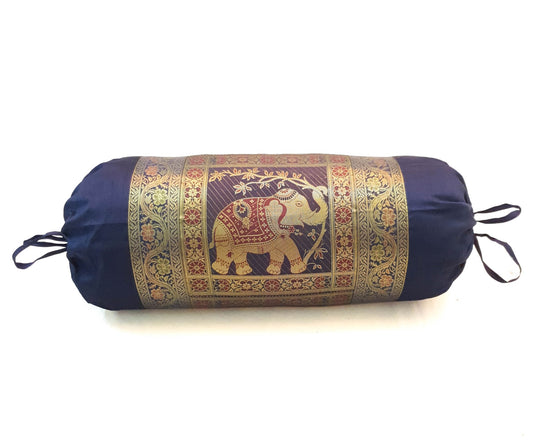 30x15 Inch Bolster Cover Decor Blue Elephant Woven Zari Brocade Banarasi Silk