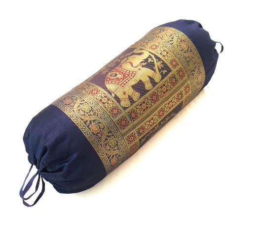 30x15 Inch Bolster Cover Decor Blue Elephant Woven Zari Brocade Banarasi Silk