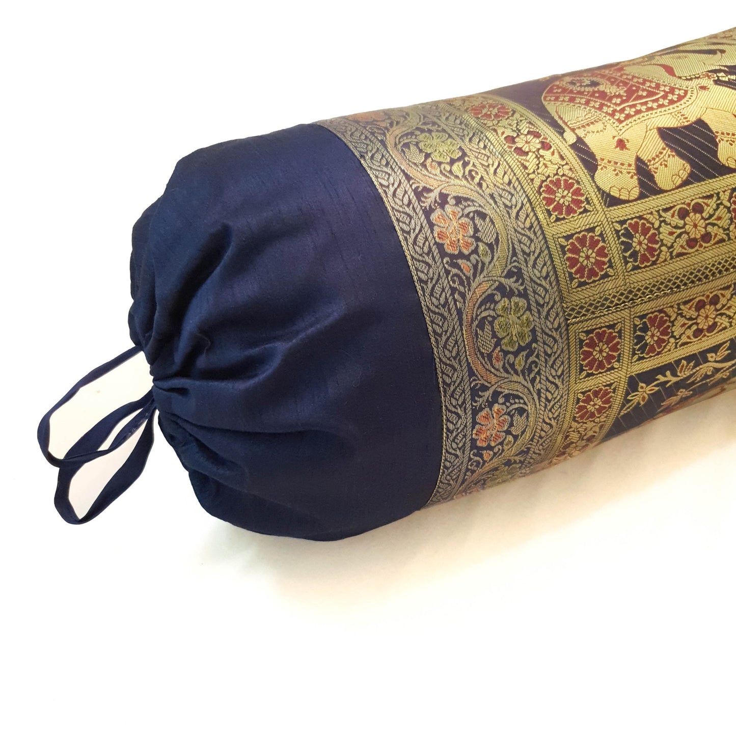 30x15 Inch Bolster Cover Decor Blue Elephant Woven Zari Brocade Banarasi Silk
