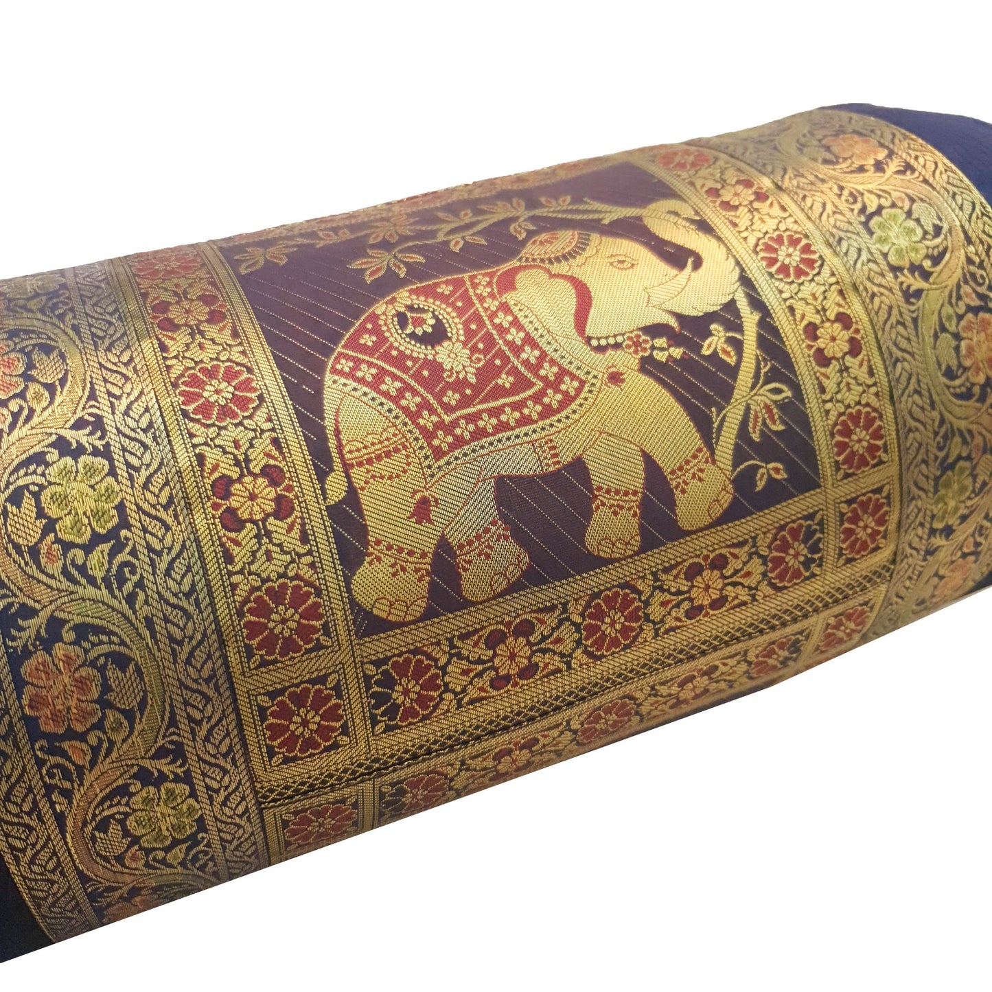 30x15 Inch Bolster Cover Decor Blue Elephant Woven Zari Brocade Banarasi Silk