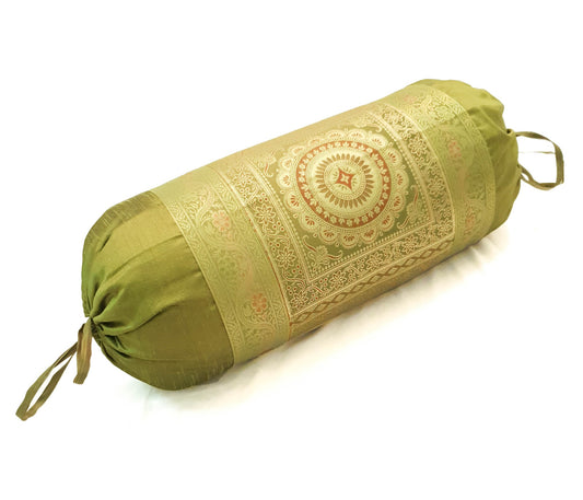 30x15 Inch Green Bolster Cover Mandala Woven Zari Brocade Banarasi Silk Decor