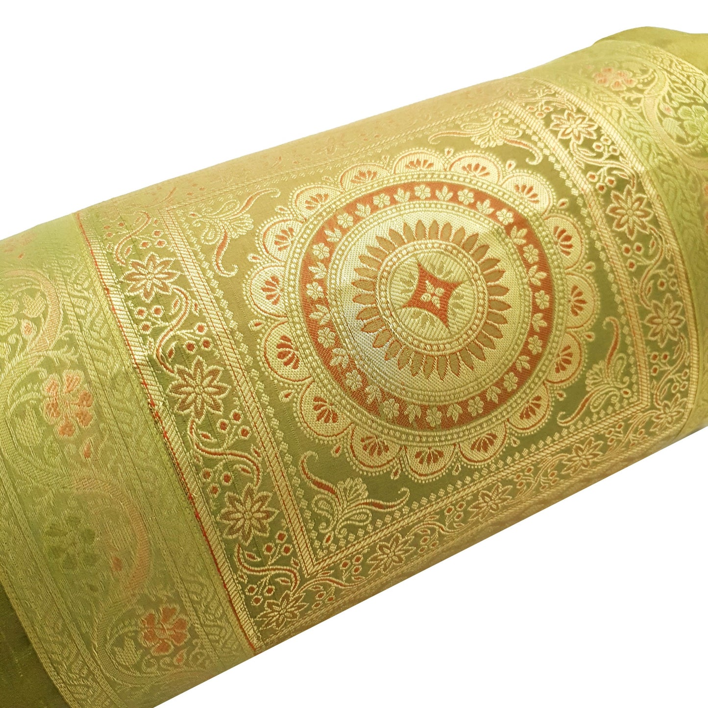 30x15 Inch Green Bolster Cover Mandala Woven Zari Brocade Banarasi Silk Decor