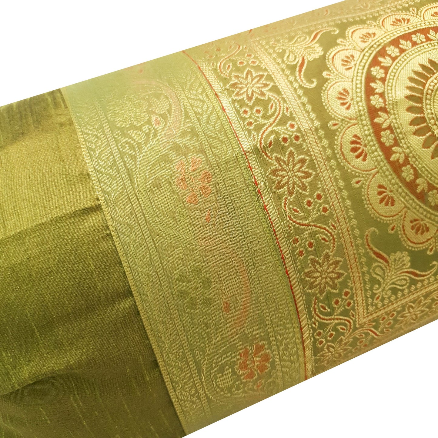 30x15 Inch Green Bolster Cover Mandala Woven Zari Brocade Banarasi Silk Decor