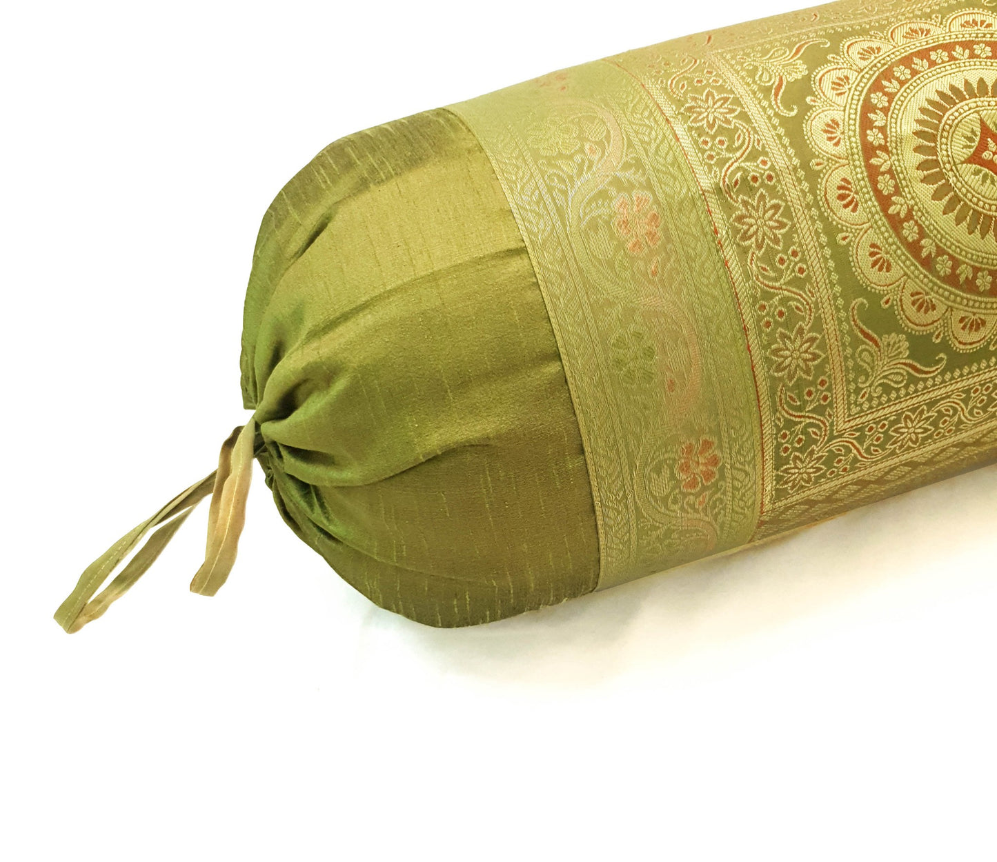 30x15 Inch Green Bolster Cover Mandala Woven Zari Brocade Banarasi Silk Decor