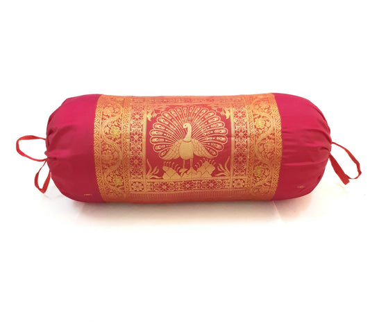 30x15 Inch Red Bolster Cover Indian Woven Zari Brocade Banarasi Silk Elephant